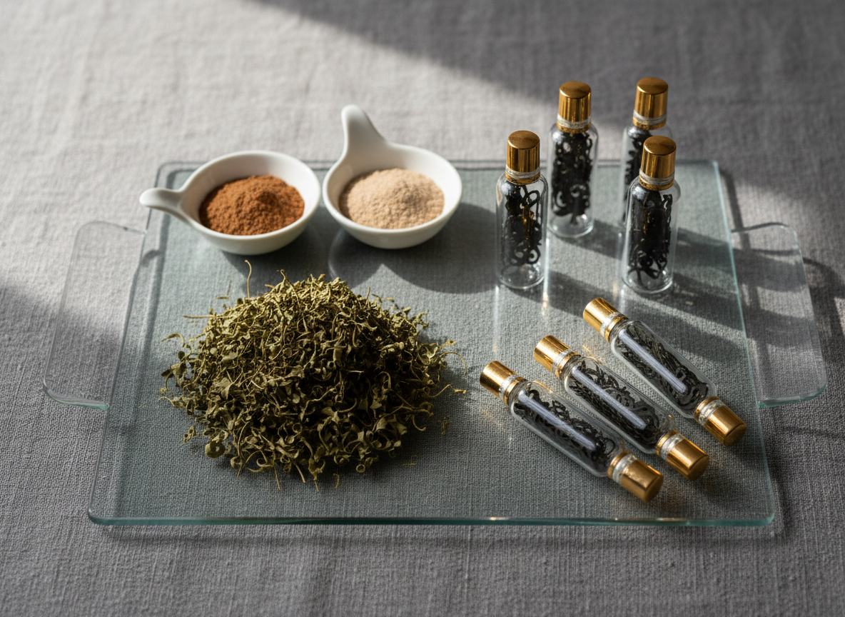 A refined glass tray displaying a curated collection of dried henna leaves, finely ground powders in tiny porcelain dishes, and elegant gold-tipped silhouette jars arranged geometrically. The tray sits atop a smoky, stone-gray linen tablecloth with a subtle woven texture. Soft, indirect daylight flows in from the left, casting graceful highlights and understated shadows, while the muted olive and sand palette reinforces the sophisticated tone. Captured from a slightly elevated, centered perspective with shallow depth of field, the composition conveys minimalism with sharp attention to refined details, representing the thoughtful artistry behind professional henna services.