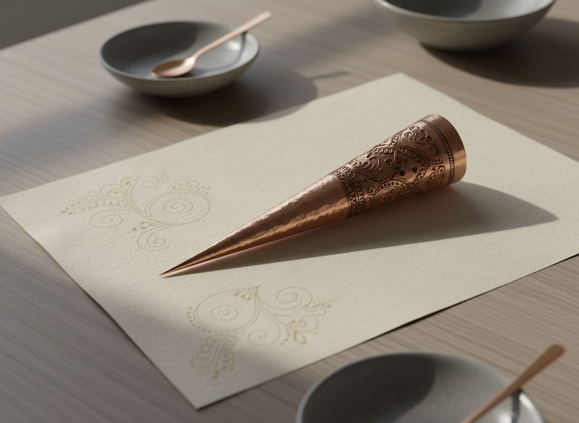 An intricately detailed close-up of a delicate copper henna cone resting elegantly atop rich, creamy parchment paper, its fine metallic tip glistening subtly. Surrounding the cone, faint trails of intricate henna designs gracefully curve across the paper’s soft matte texture. The setting is a minimalist wooden desktop with muted taupe and smoke-gray accents, illuminated by gentle, diffused natural light filtering from an unseen window, creating understated highlights and shadows. The sophisticated mood is calm and inviting, with a refined composition using rule of thirds for balance. Photographic realism captures every nuances in texture, presenting a quietly luxurious, modern aesthetic aligned with a high-end henna art business.